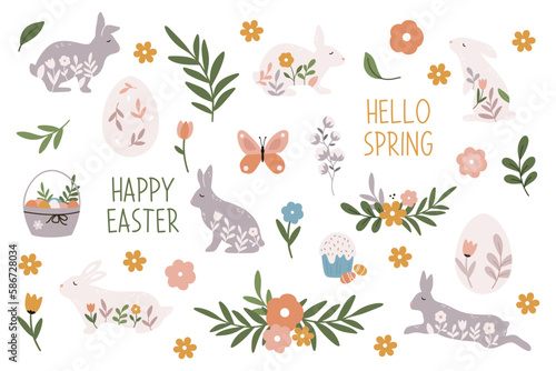 Easter cute bunny with floral elements. Adorable easter rabbit with traditional festive decor and lettering.