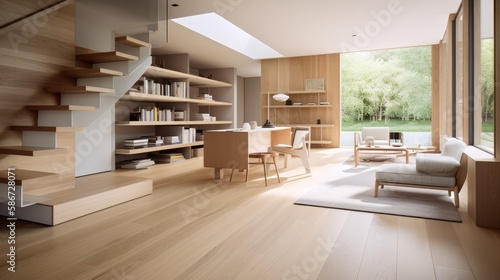 Light wooden living room for the homely feeling, interior. Generative AI Technology 