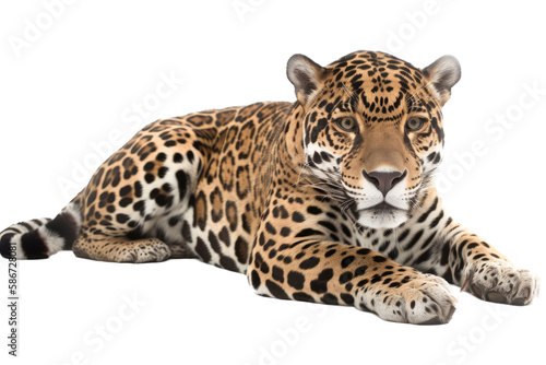 an isolated jaguar side-view, laying down, reclining, horizontal, fierce jungle-themed photorealistic illustration on a transparent background in PNG. Panthera onca. Generative AI