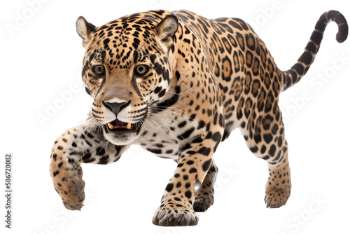 an isolated jaguar side-view, laying down, reclining, horizontal, fierce jungle-themed photorealistic illustration on a transparent background in PNG. Panthera onca. Generative AI