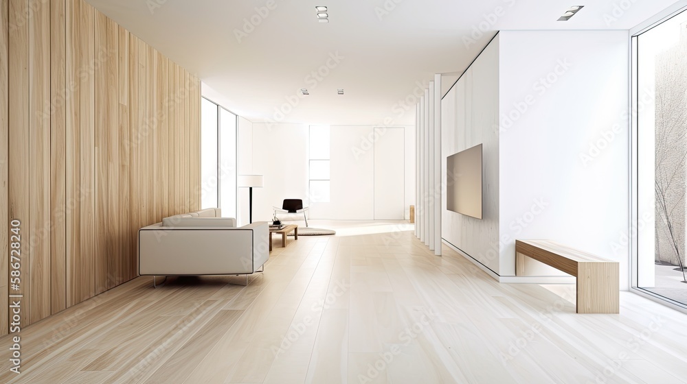 Fototapeta premium Light wooden living room for the homely feeling, interior. Generative AI Technology 