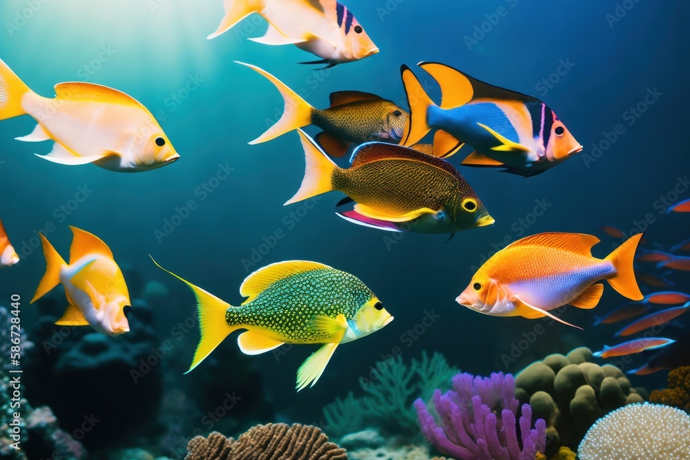 A flock of tropical fish in a coral reef. Life in the coral reef underwater. Wildlife concept of ecological environment. Generative AI A flock of tropical fish in a coral reef. Life in the coral reef underwater. Wildlife concept of ecological environment. Generative AI