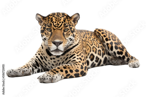 an isolated jaguar side-view, laying down, reclining, horizontal, fierce jungle-themed photorealistic illustration on a transparent background in PNG. Panthera onca. Generative AI