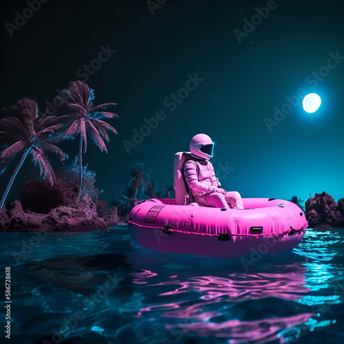 An astronaut swims at night in the ocean in an inflatable circle. Cyberpunk science illustration. AI generated content. photo