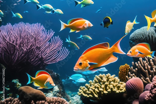 A flock of tropical fish in a coral reef. Life in the coral reef underwater. Wildlife concept of ecological environment. Generative AI