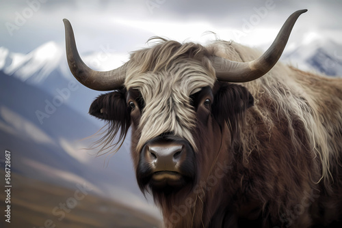 Yak - Tibet and Central Asia - A large domesticated mammal known for its shaggy coat and use in agriculture. They are threatened by habitat loss and hunting (Generative AI)