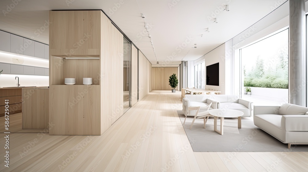 Fototapeta premium Modern light wooden living room which is the envy of all guests, Spacious interior. Generative AI Technology 