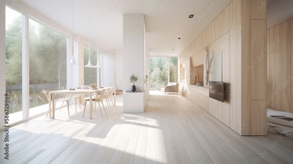 Fototapeta premium Modern light wooden living room which is the envy of all guests, Spacious interior. Generative AI Technology