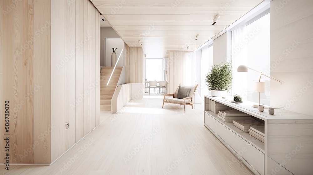 Modern light wooden living room which is the envy of all guests, Spacious interior. Generative AI Technology Modern light wooden living room which is the envy of all guests, Spacious interior. Generative AI Technology