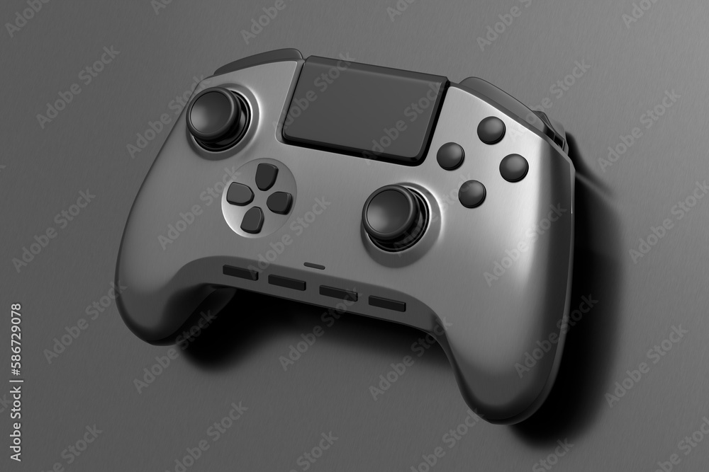 Realistic video game joystick with metallic chrome texture isolated on dark Realistic video game joystick with metallic chrome texture isolated on dark