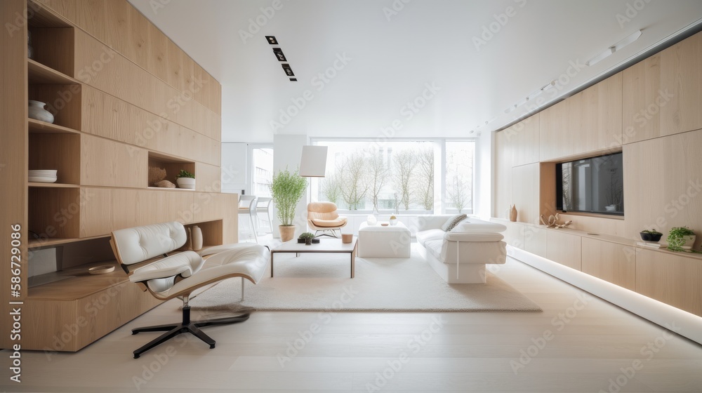 Modern light wooden living room which is the envy of all guests, Spacious interior. Generative AI Technology Modern light wooden living room which is the envy of all guests, Spacious interior. Generative AI Technology