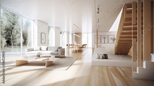 Modern light wooden living room which is the envy of all guests, Spacious interior. Generative AI Technology  © Dniel