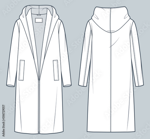 Hooded Coat technical fashion Illustration. Oversize Coat, Outerwears fashion flat technical drawing template, midi, long sleeve, pockets, front and back view, white, women, men, unisex CAD mockup.
