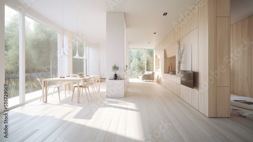 Modern light wooden living room which is the envy of all guests, Spacious interior. Generative AI Technology 