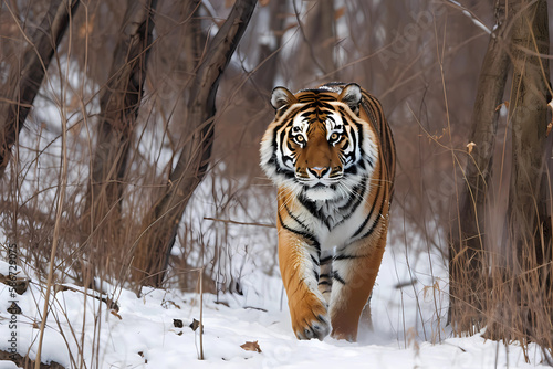 Siberian Tiger - Northeast Asia - The largest cat species, with a distinctive striped coat and powerful build. They are endangered due to habitat loss and hunting (Generative AI)