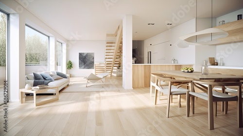 Billede på lærred Modern light wooden living room which is the envy of all guests, Spacious interior