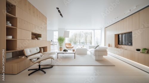 Modern light wooden living room which is the envy of all guests  Spacious interior. Generative AI Technology 