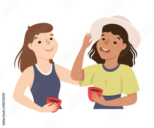 Young Female Friends with Cup of Coffee Talking and Gesturing Engaged in Conversation Vector Illustration