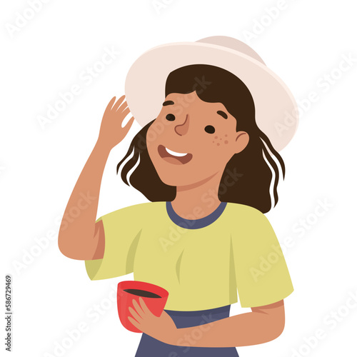 Young Female in Hat with Cup of Coffee Talking Engaged in Conversation with Someone Vector Illustration