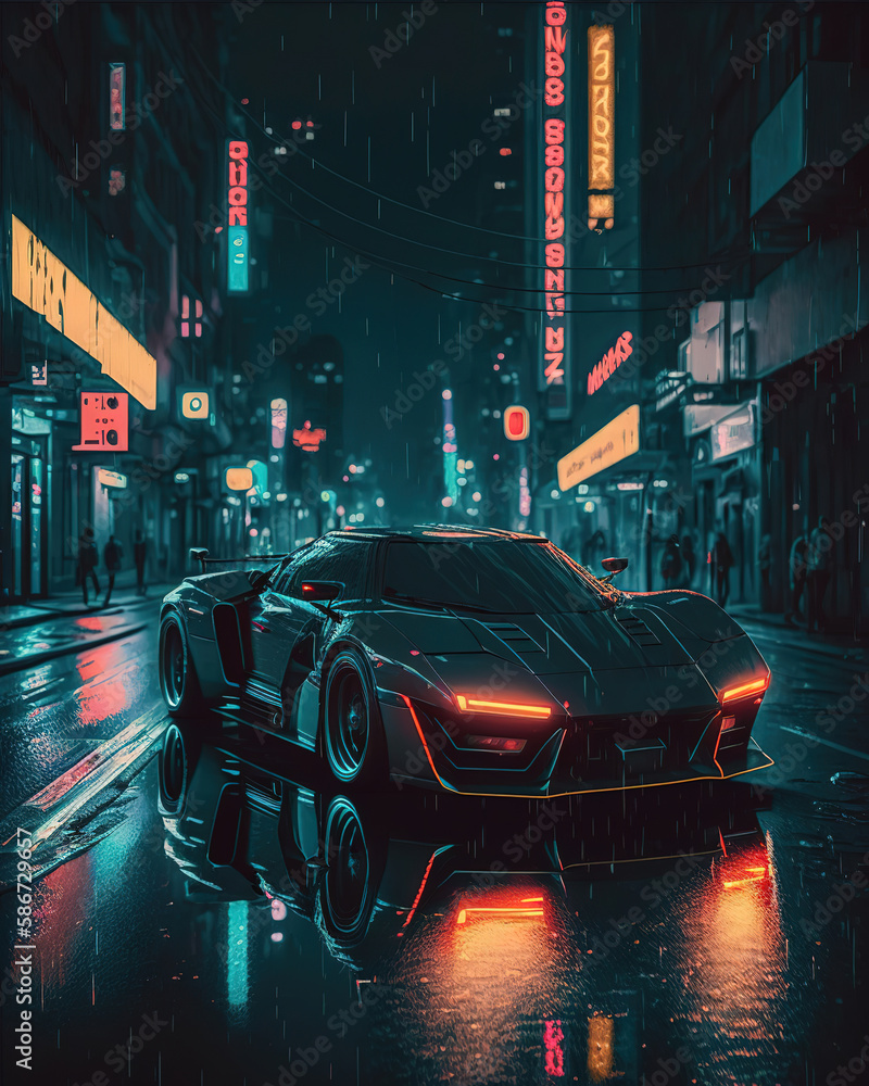 a car driving down a city street at night, cyberpunk, futuristic generative ai concept art 