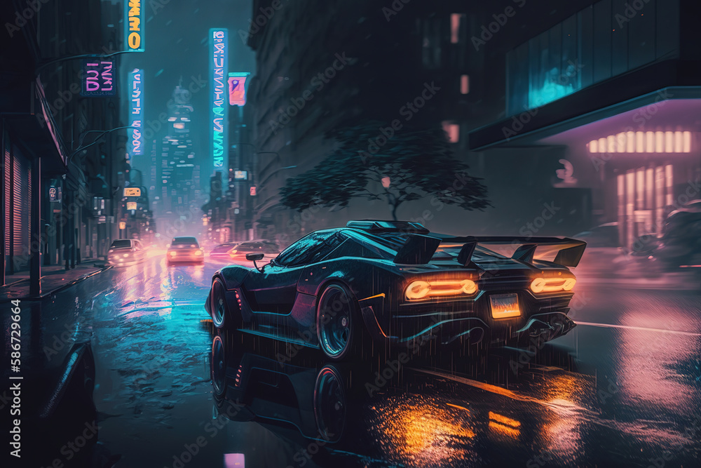 a car driving down a city street at night, cyberpunk, futuristic ...