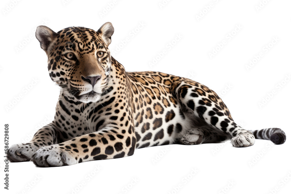 Obraz premium an isolated jaguar side-view, laying down, reclining, horizontal, fierce jungle-themed photorealistic illustration on a transparent background in PNG. Panthera onca. Generative AI