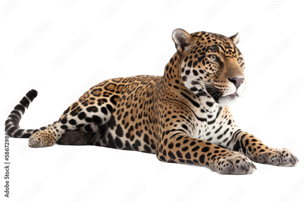 an isolated jaguar side-view, laying down, reclining, horizontal, fierce jungle-themed photorealistic illustration on a transparent background in PNG. Panthera onca. Generative AI an isolated jaguar side-view, laying down, reclining, horizontal, fierce jungle-themed photorealistic illustration on a transparent background in PNG. Panthera onca. Generative AI