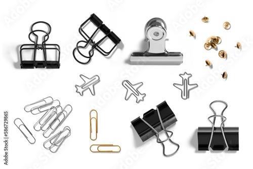 Set of various binder clip, paper clips, metal thumb tack, paper clamp isolated on a transparent background, PNG. High resolution. photo