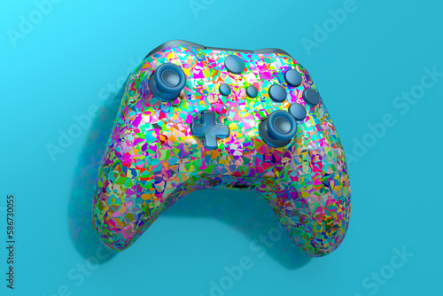 Realistic video game joystick with mosaic pattern on multicolor background