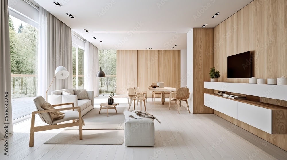 Fototapeta premium Living room made of light wooden for the cozy home, interior. Generative AI Technology 