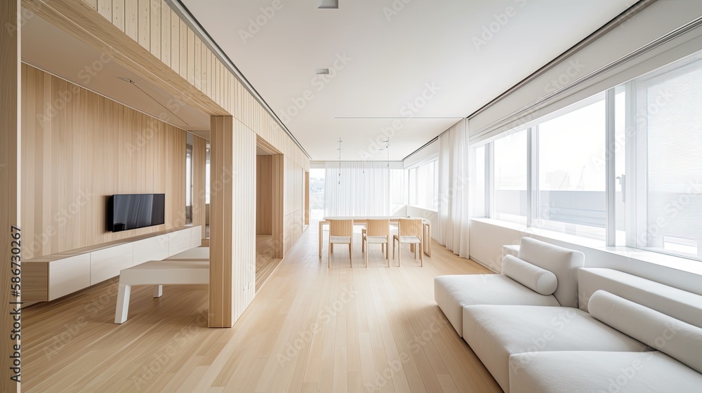Living room made of light wooden for the cozy home, interior. Generative AI Technology Living room made of light wooden for the cozy home, interior. Generative AI Technology