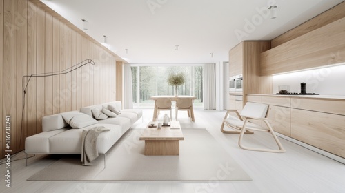 Living room made of light wooden for the cozy home, interior. Generative AI Technology  © Dniel