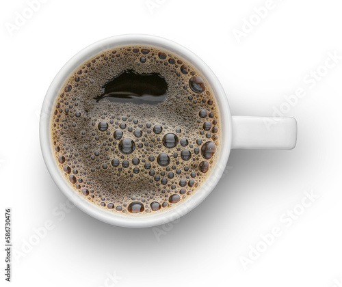White cup of bubbly coffee, isolated, top view