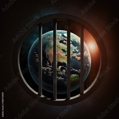 Fototapeta Naklejka Na Ścianę i Meble -  Planet earth behind prison bars. AI generative illustration.