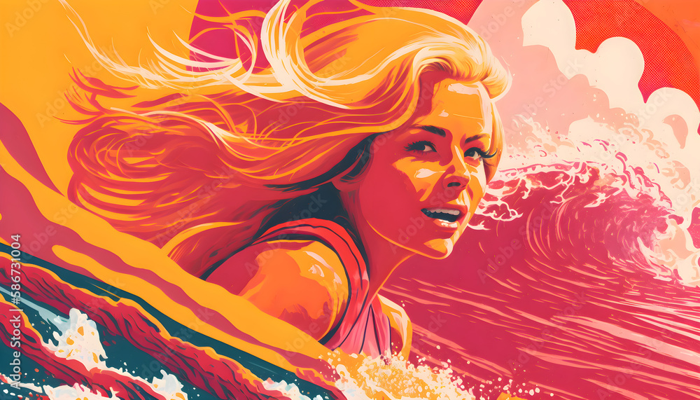 Surfer blonde woman riding a wave on the beach on a sunny day. Retro poster style. Generative AI illustration