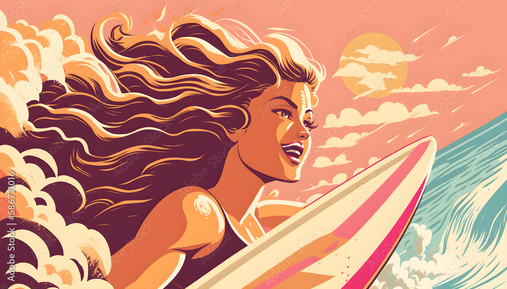 Surfer woman riding a wave on the beach on a sunny day. Retro poster style. Generative AI illustration