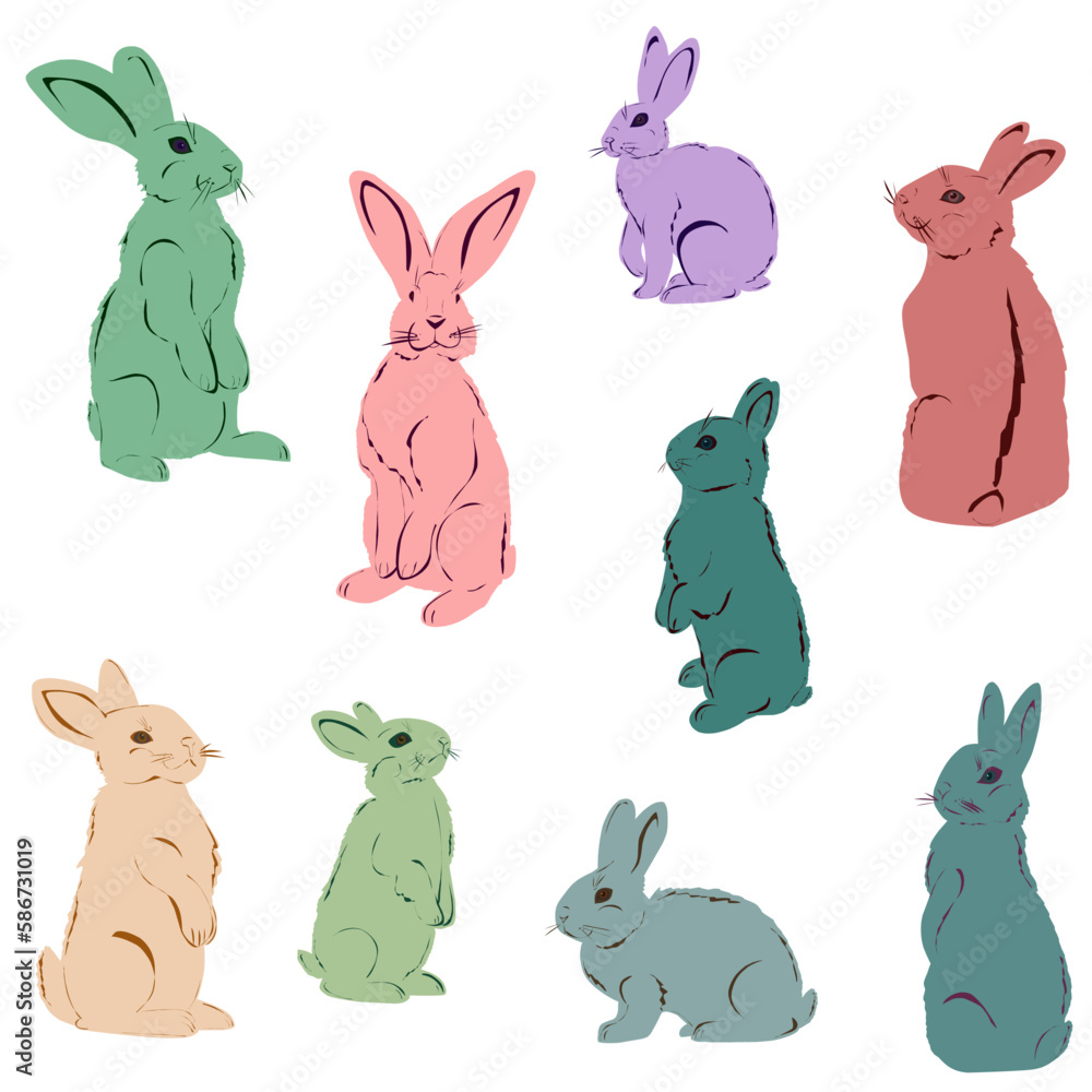 set of colorful cute Easter bunnies, flat illustration, vector clipart set of colorful cute Easter bunnies, flat illustration, vector clipart