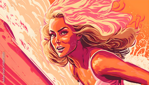 Surfer blonde woman riding a wave on the beach on a sunny day. Retro poster style. Generative AI illustration