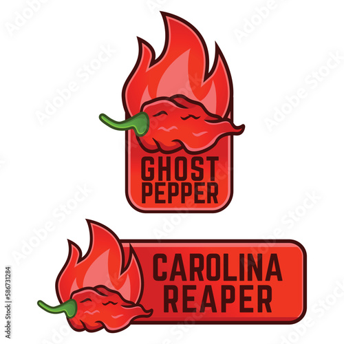Icons of spicy food level. Hot ghost pepper carolina reaper spiciest chili sign vector cartoon illustration symbol.