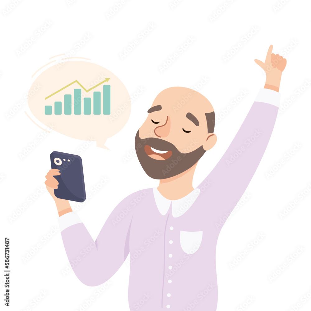 Young Bearded Man Office Employee with Smartphone Observing Growing Graph Vector Illustration Young Bearded Man Office Employee with Smartphone Observing Growing Graph Vector Illustration
