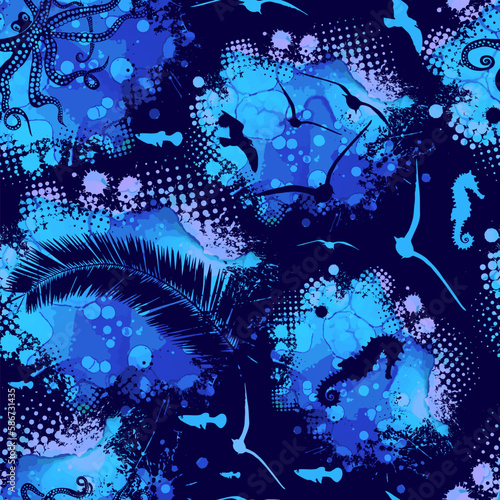 Seamless pattern sea gulls marine inhabitants on a dark background. Vector illustration