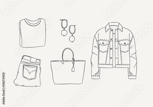 Set of clothes blouse, earrings, pants, jeans, bag, jacket for woman modern spring look in hand drawing style on light background.