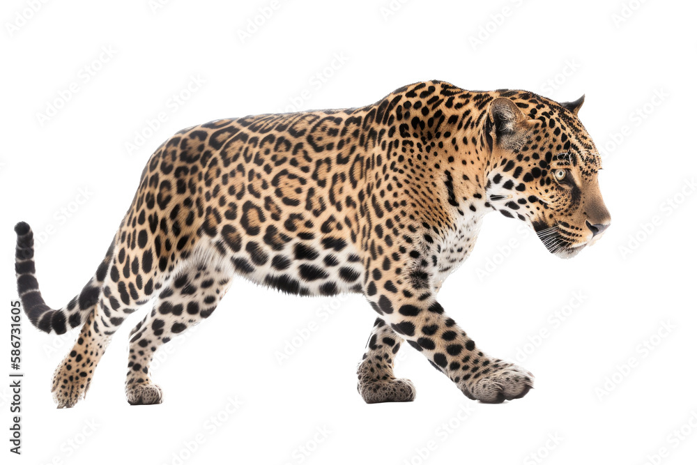 Fototapeta premium an isolated jaguar side-view, whole body, stalking prey, horizontal, fierce jungle-themed photorealistic illustration on a transparent background in PNG. Panthera onca. Generative AI
