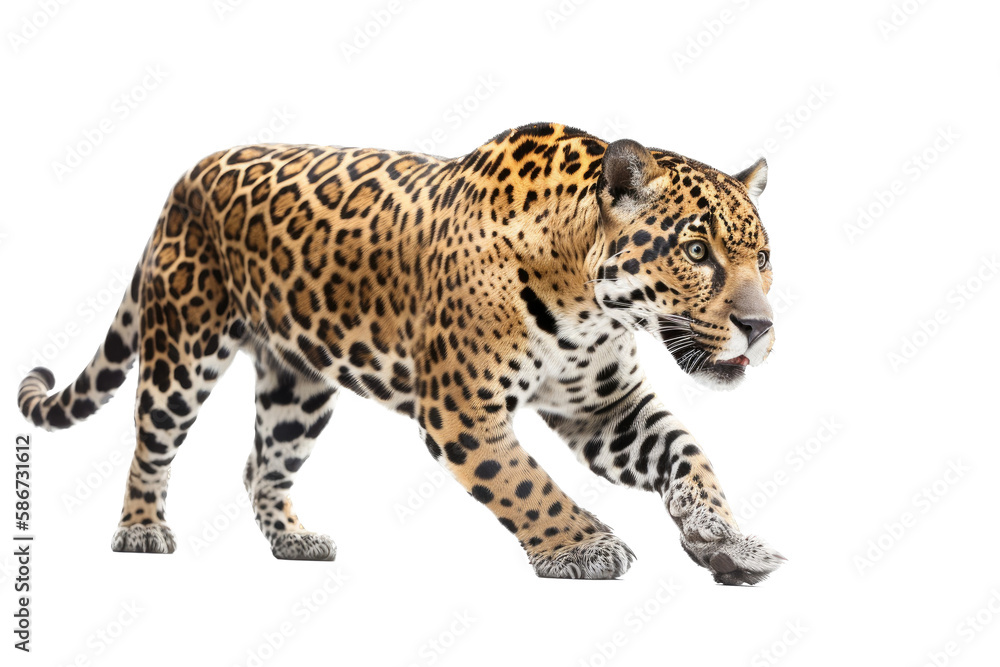 an isolated jaguar side-view, whole body, stalking prey, horizontal, fierce jungle-themed photorealistic illustration on a transparent background in PNG. Panthera onca. Generative AI an isolated jaguar side-view, whole body, stalking prey, horizontal, fierce jungle-themed photorealistic illustration on a transparent background in PNG. Panthera onca. Generative AI