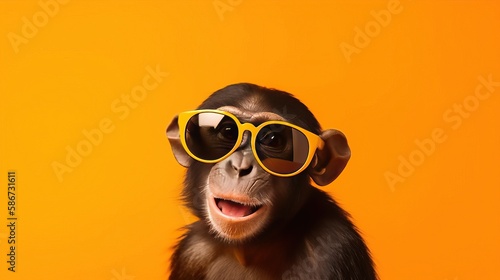 Happy Monkey Sunglasses Yellow Background Fun Image Generative AI © Aruni