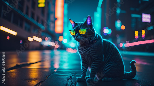 Sitting cat in the middle on the asphalt road in neon shining cyber glasses and blurred city on background.  Generative AI 
