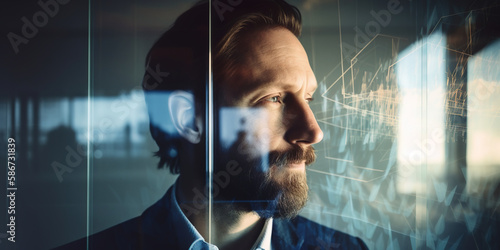 A portrait of thinkful businessman, glass reflections or double exposure, AI generative image photo