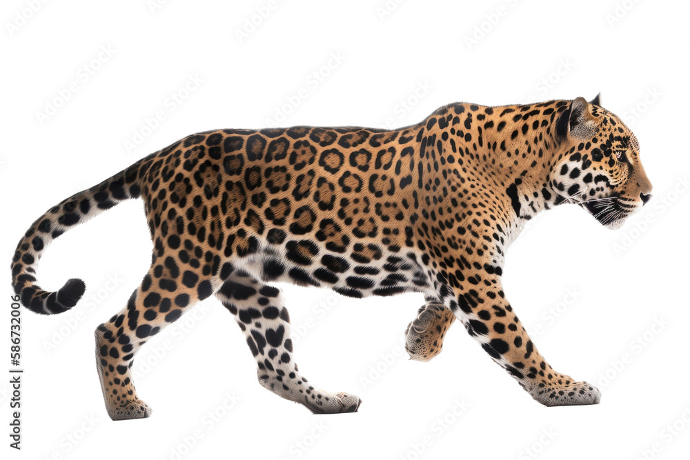 Naklejka premium an isolated jaguar side-view, whole body, stalking prey, horizontal, fierce jungle-themed photorealistic illustration on a transparent background in PNG. Panthera onca. Generative AI