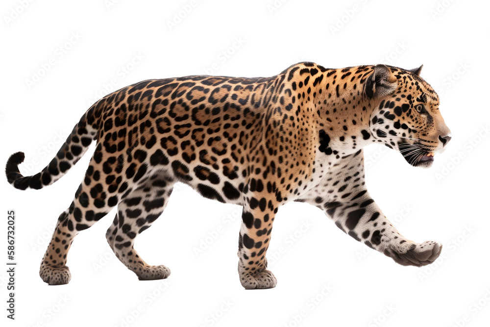 Fototapeta premium an isolated jaguar side-view, whole body, stalking prey, horizontal, fierce jungle-themed photorealistic illustration on a transparent background in PNG. Panthera onca. Generative AI