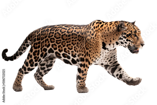 an isolated jaguar side-view, whole body, stalking prey, horizontal, fierce jungle-themed photorealistic illustration on a transparent background in PNG. Panthera onca. Generative AI